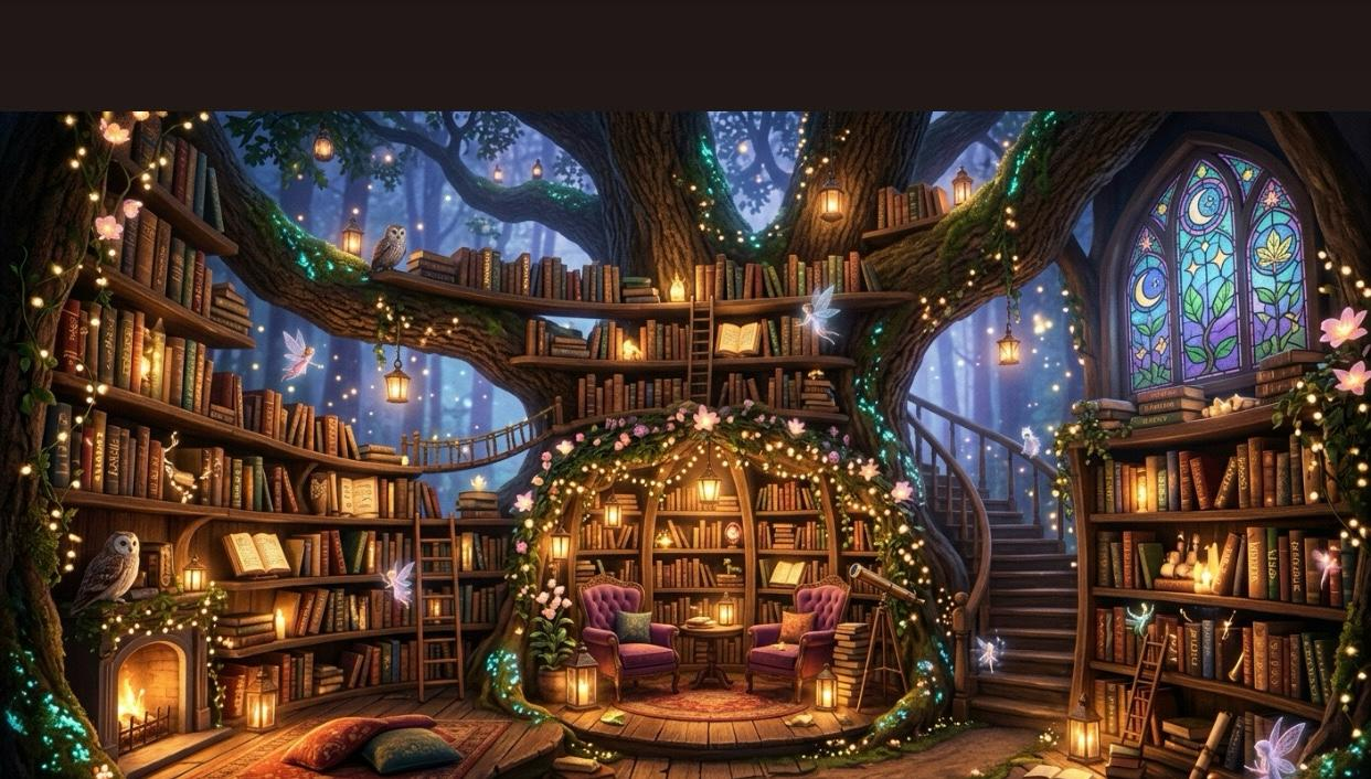 A magical enchanted library filled with glowing books